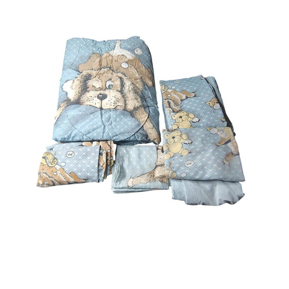 Vtg Sue Hall 1987 Patch the Dog Comforter Bed Set Blue Dog Cat Bear